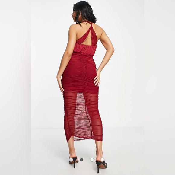 NWT ASOS DESIGN midi dress in ruched mesh with halter neck in red - Picture 2 of 4